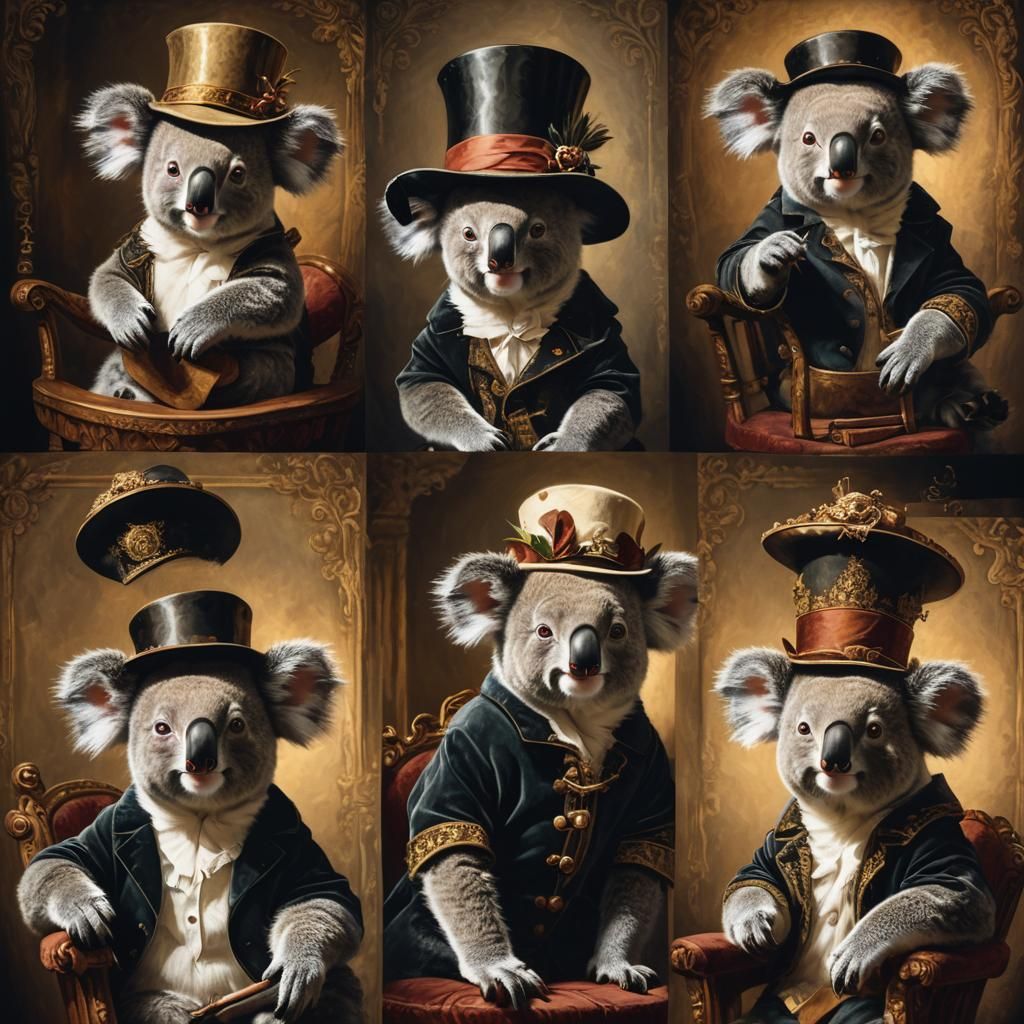Koala with Top Hat as Baroque Oil Painting