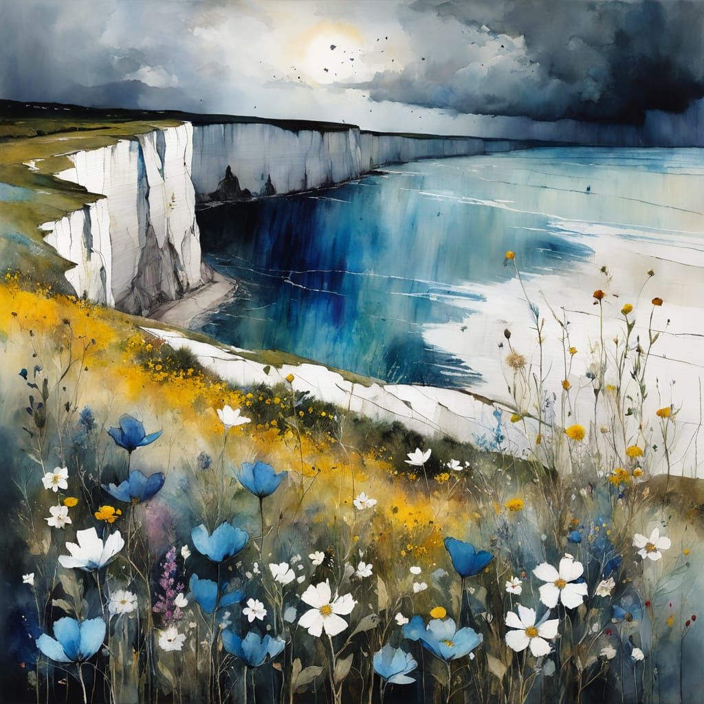 Wildflowers Bloom Amidst Stormy Skies on White Cliffs