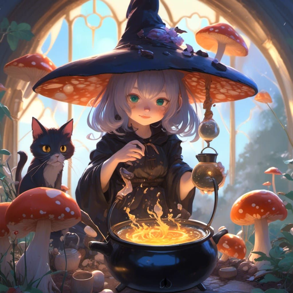 Ethereal Mushroom Witch Potion with Cat Familiar