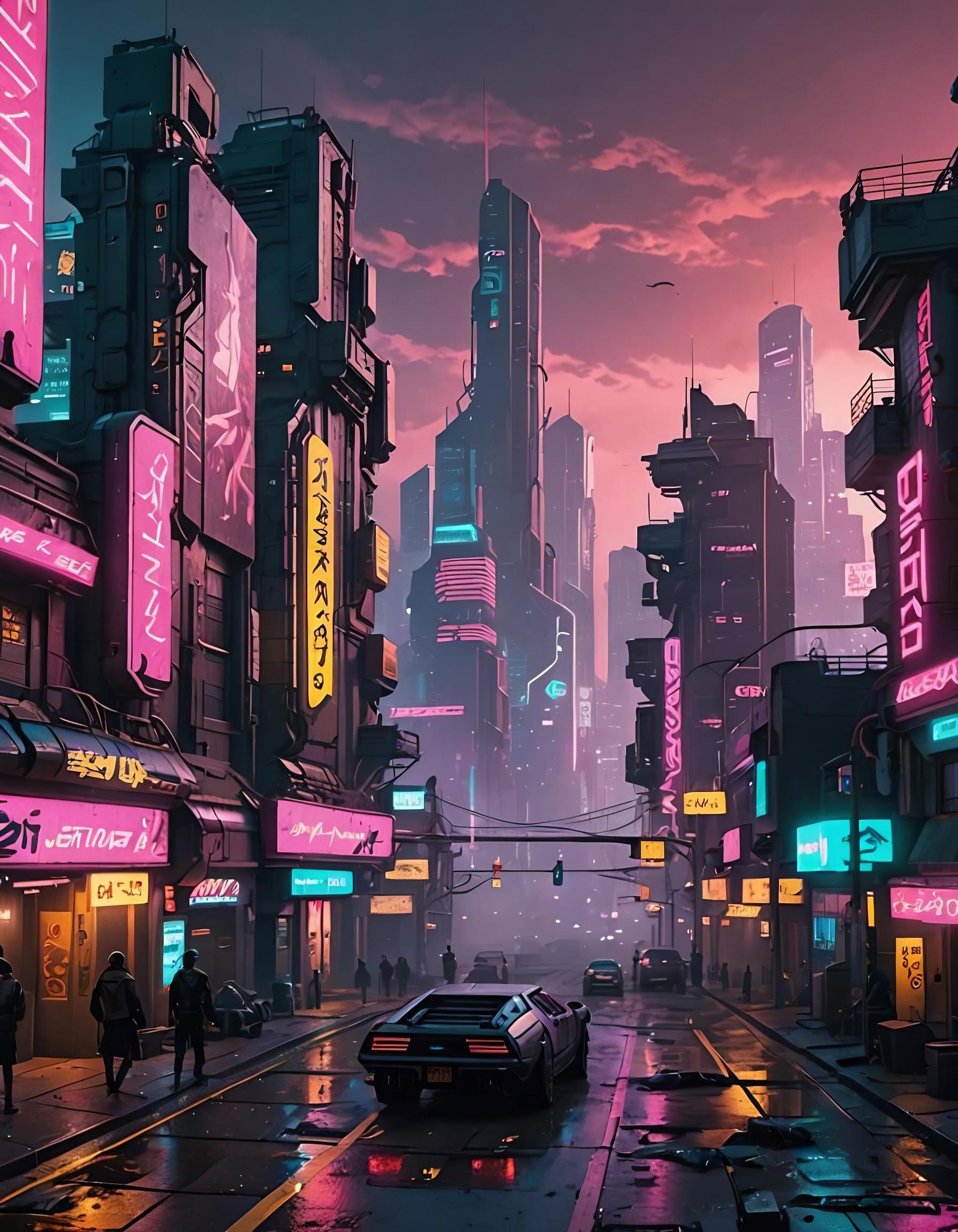 Cyberpunk Cityscape of Ancient Ruins in Neon Style