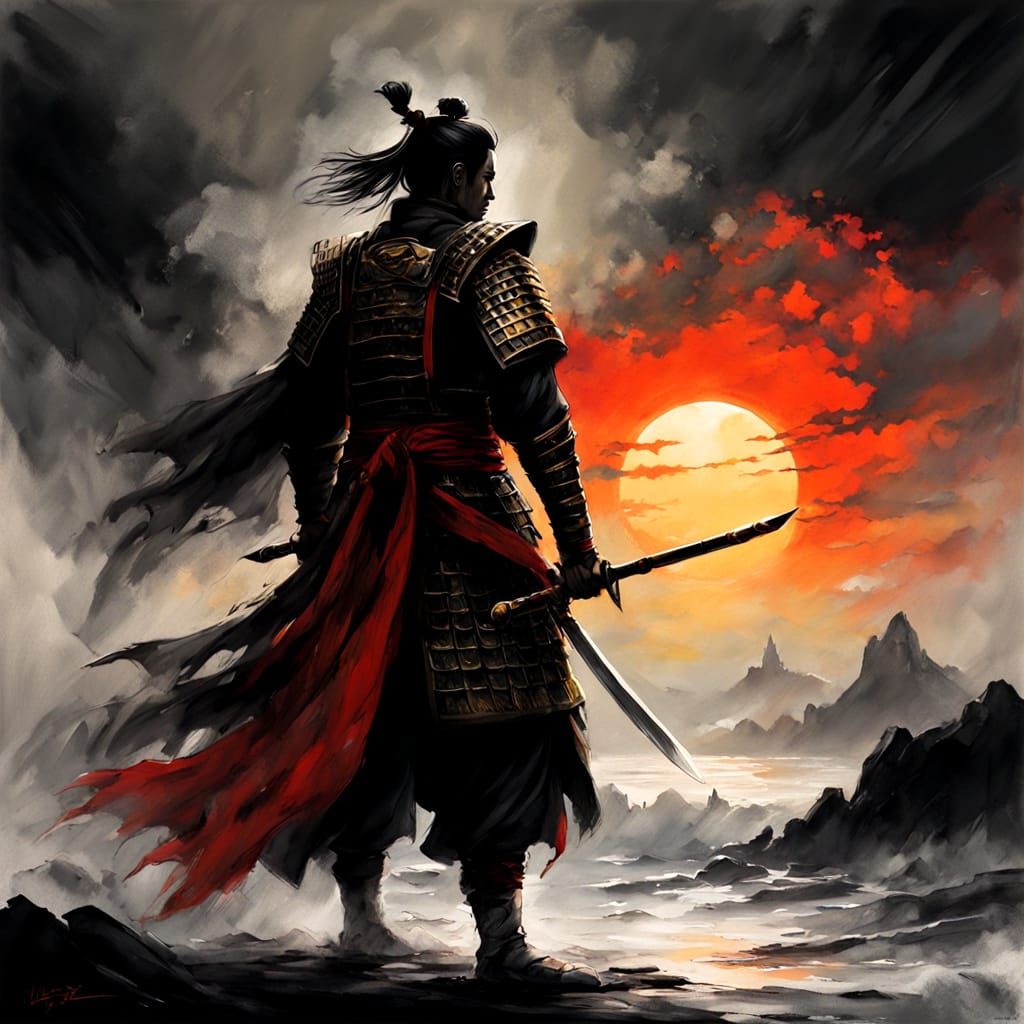 Solemn Samurai Warrior Stands Against a Blood-Red Sunset