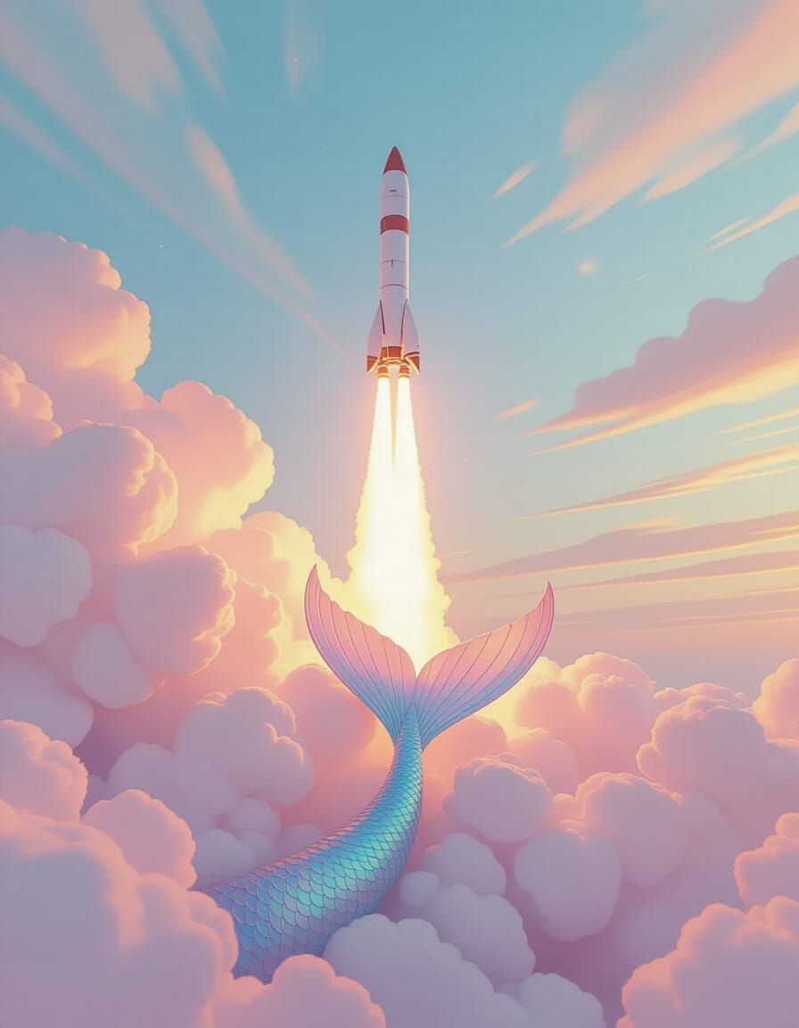 Rocket Launch with Iridescent Mermaid Tail in Pastel Sky