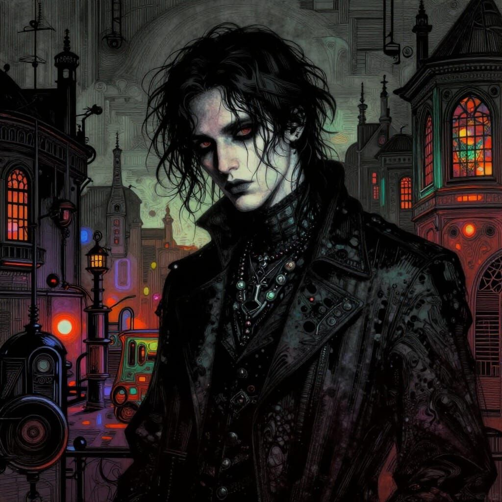 Goth Man in Lyrical Abstraction with Qajar & Dieselpunk Infl...