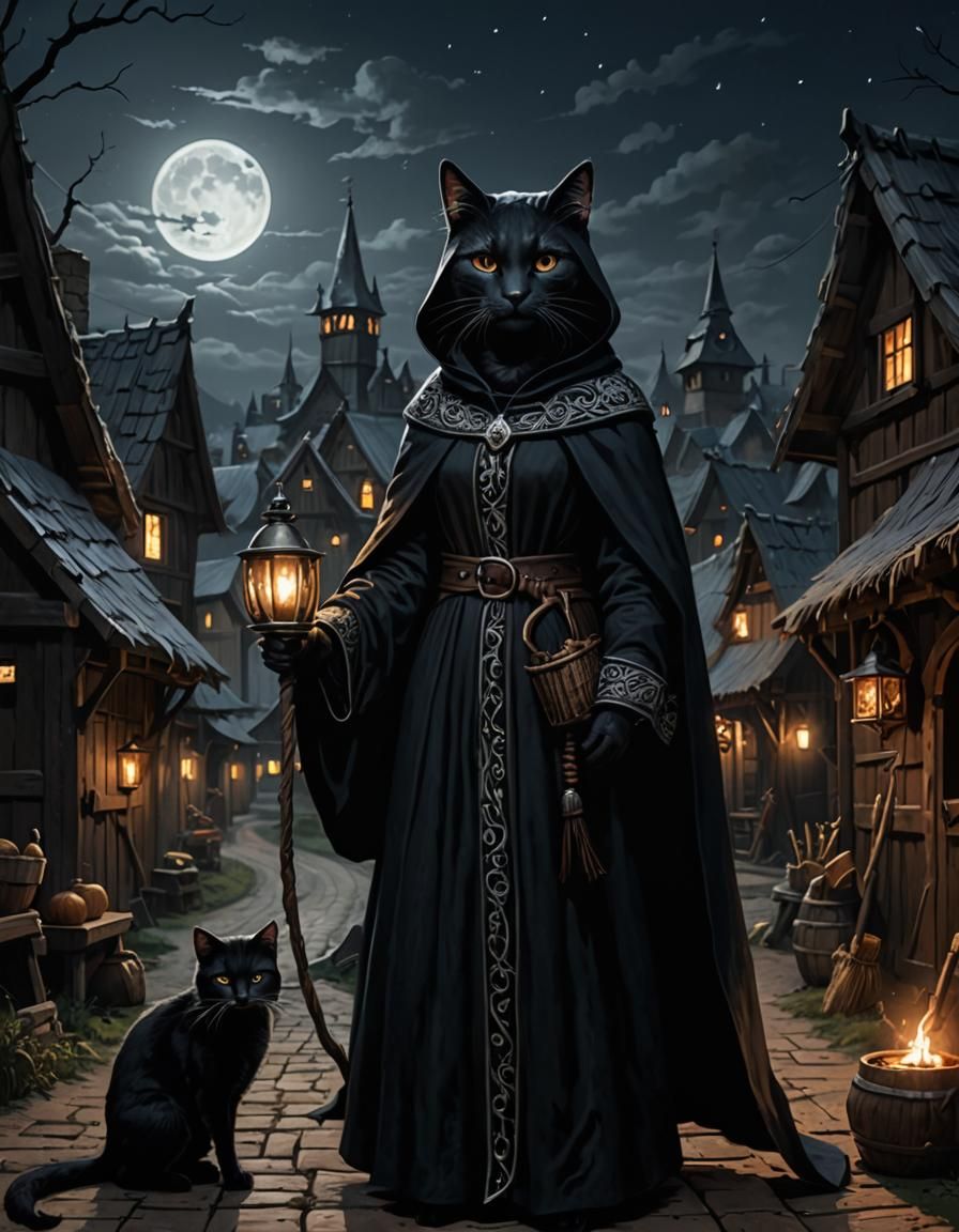 Medieval Cat Witch in Dark Fantasy Village
