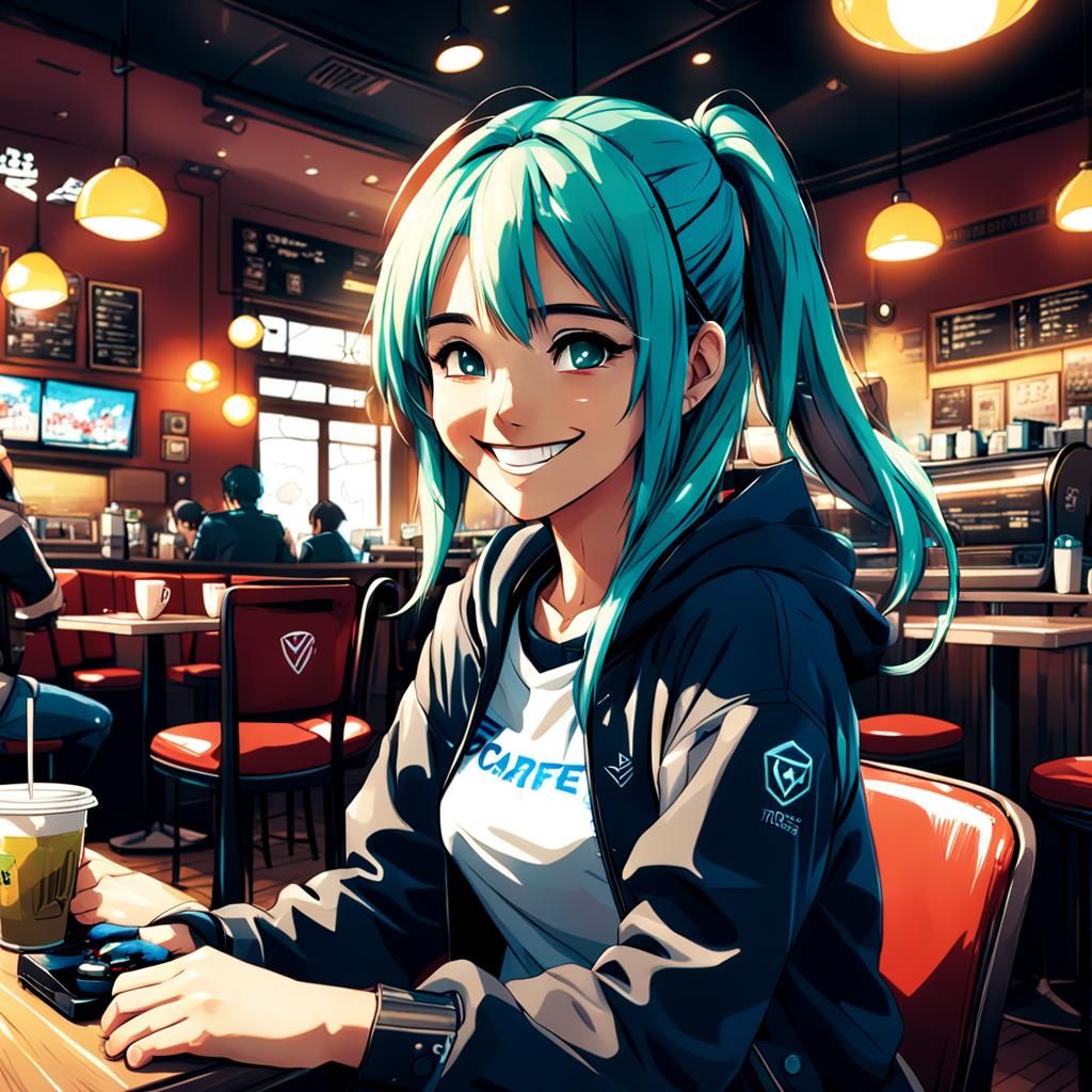 Girl in French Cafe: Manga Style Anime Art