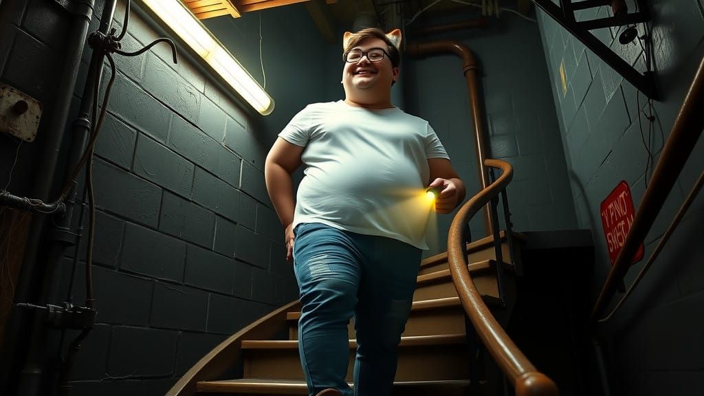 Cautiously Climbing a Haunted Basement Stairway