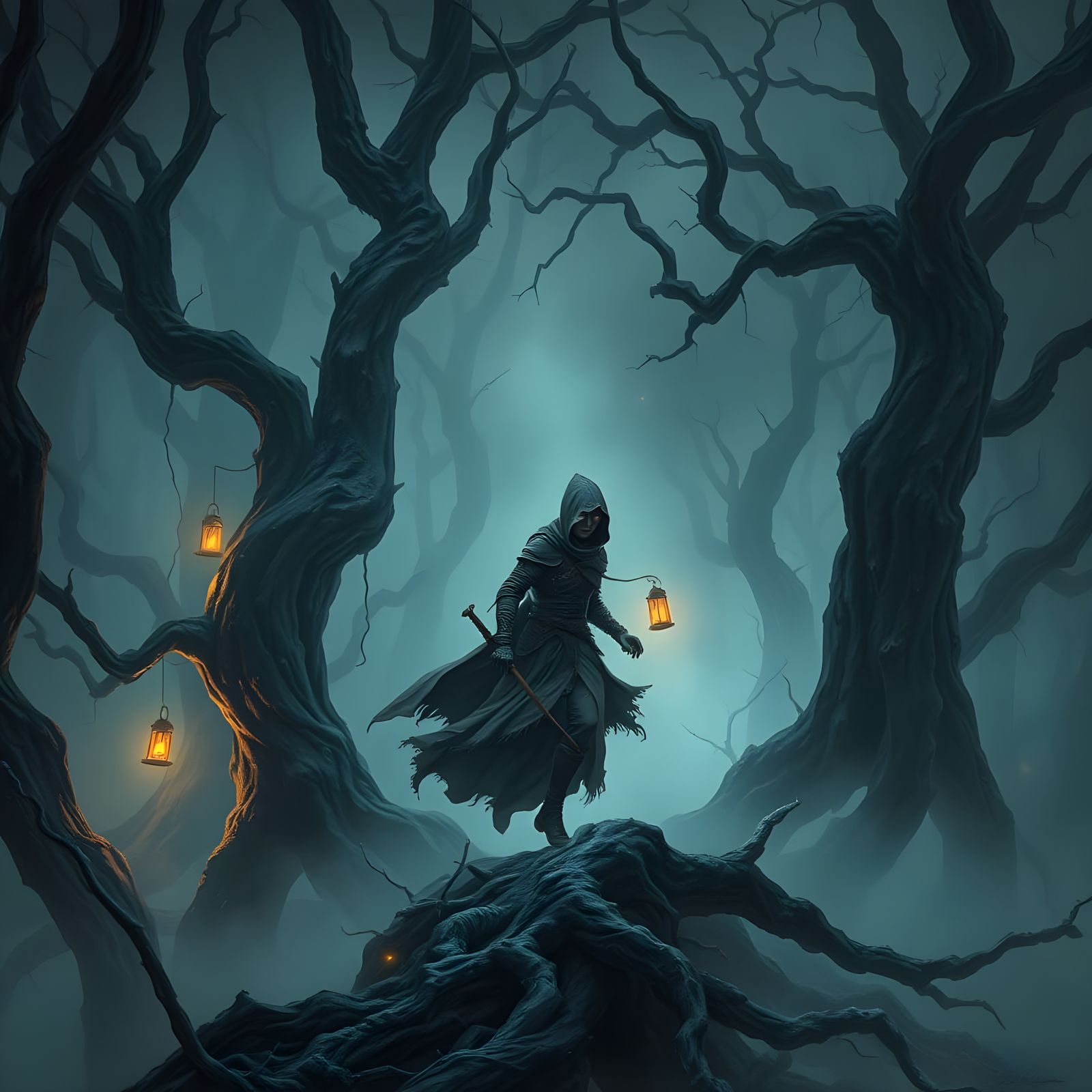 Ethereal Huntress in Misty Forest: Dark Fantasy Art