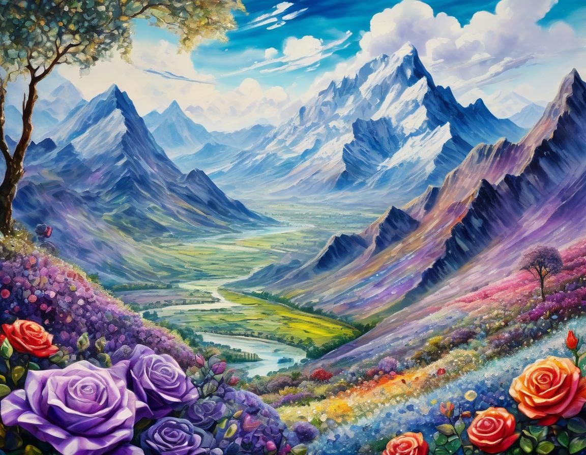 Surreal Geode Landscape with Amethyst Mountains and Shining....