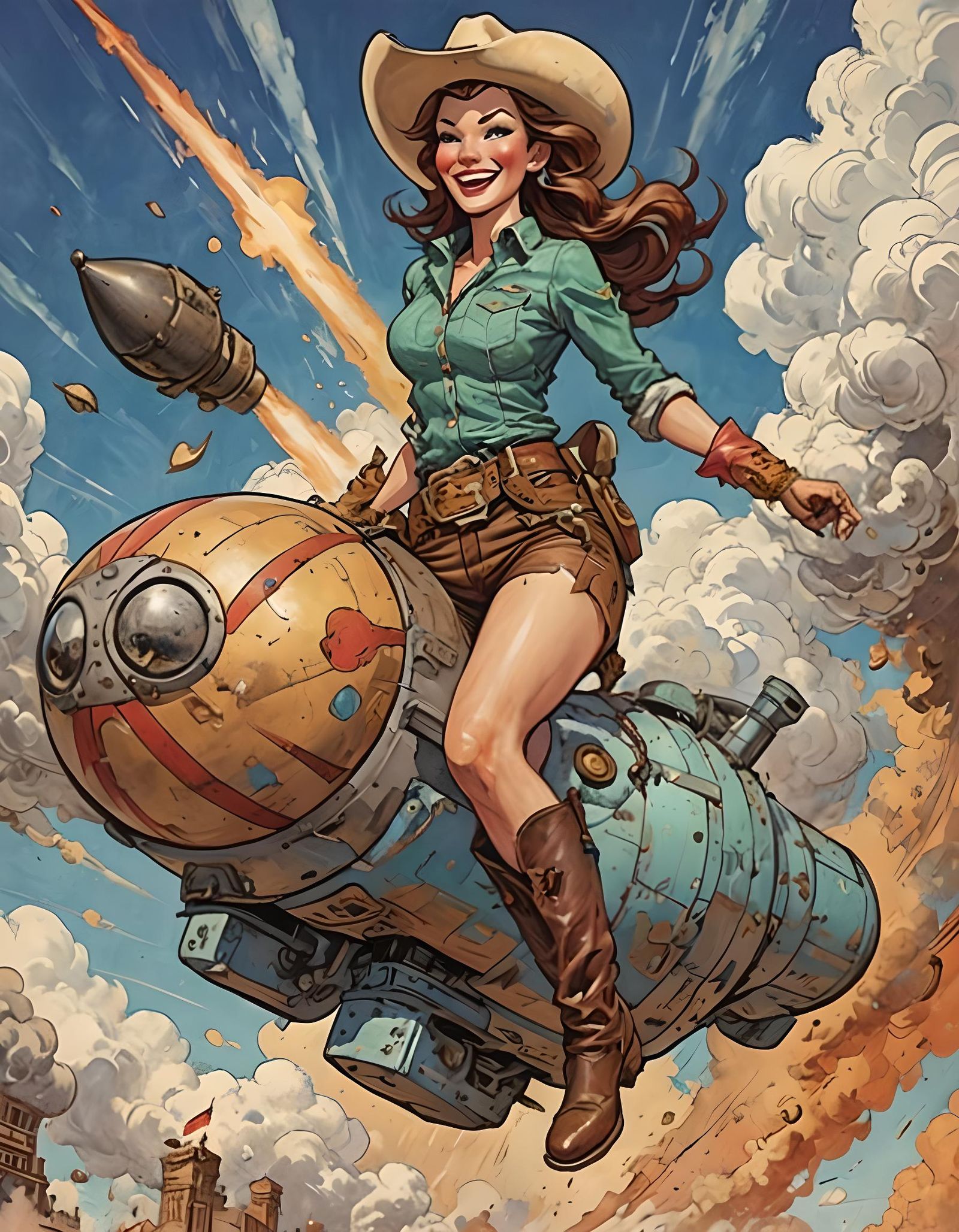 Cowgirl Rides a Bomb Through the Sky