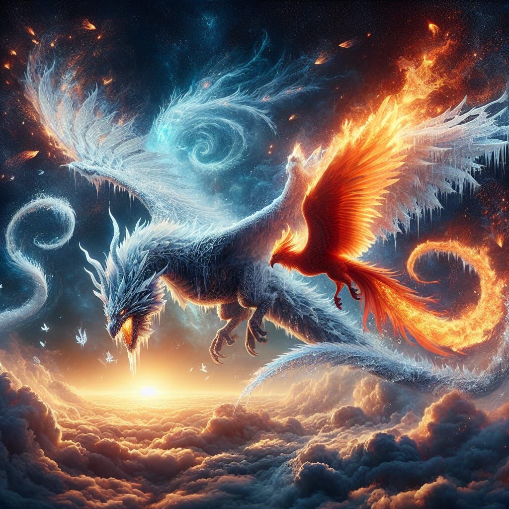 Symmetrical Frost Dragon and Phoenix in Perfect Harmony
