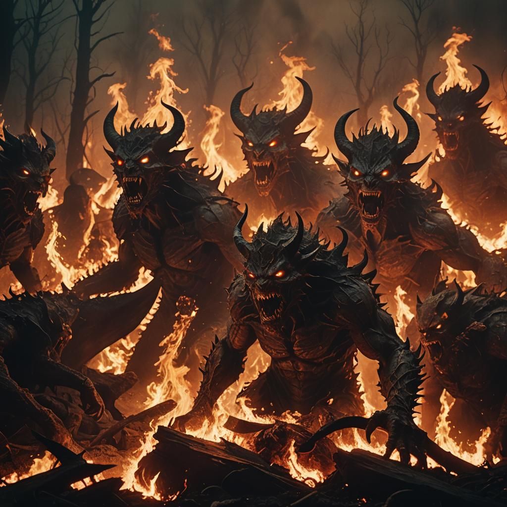 Demons Devouring Souls in a Fiery Landscape