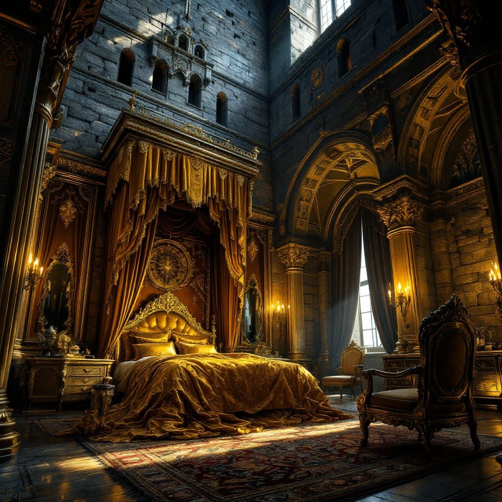 Opulent Gilded Cage Bedroom in Imposing Stone Bastion