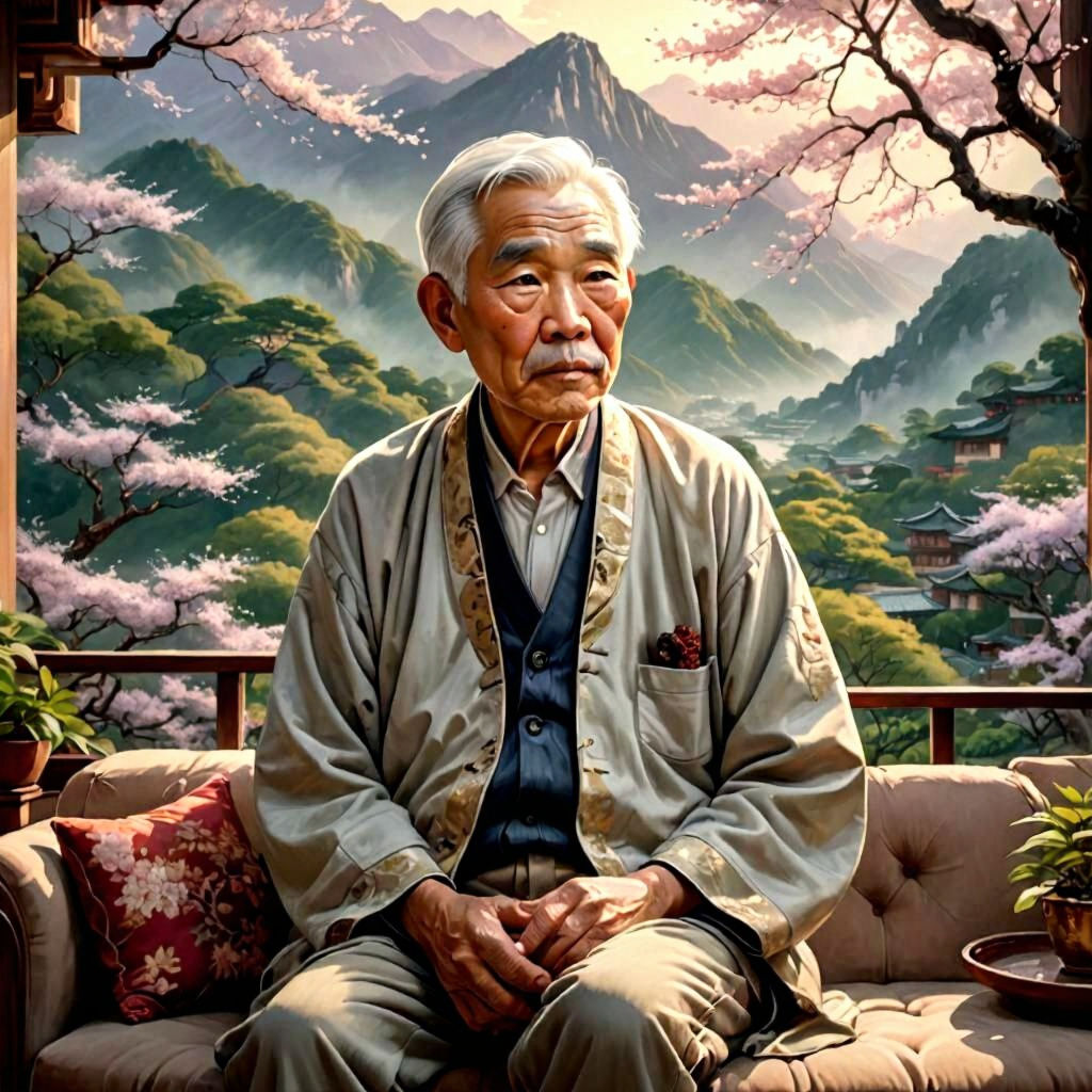 Asian Grandfather Contemplating Balcony View in Cartoon Styl...