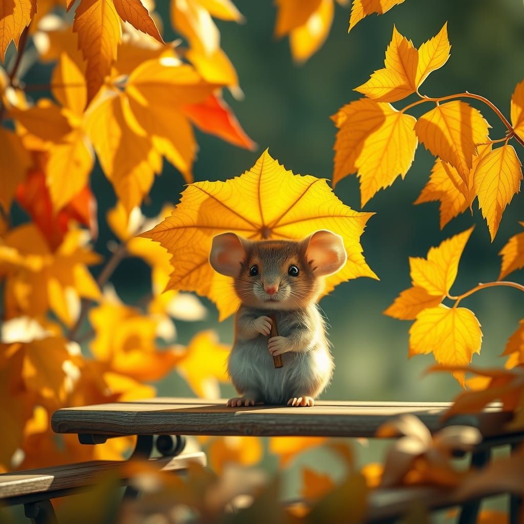 Happy Mouse Under Autumn Leaf Umbrella