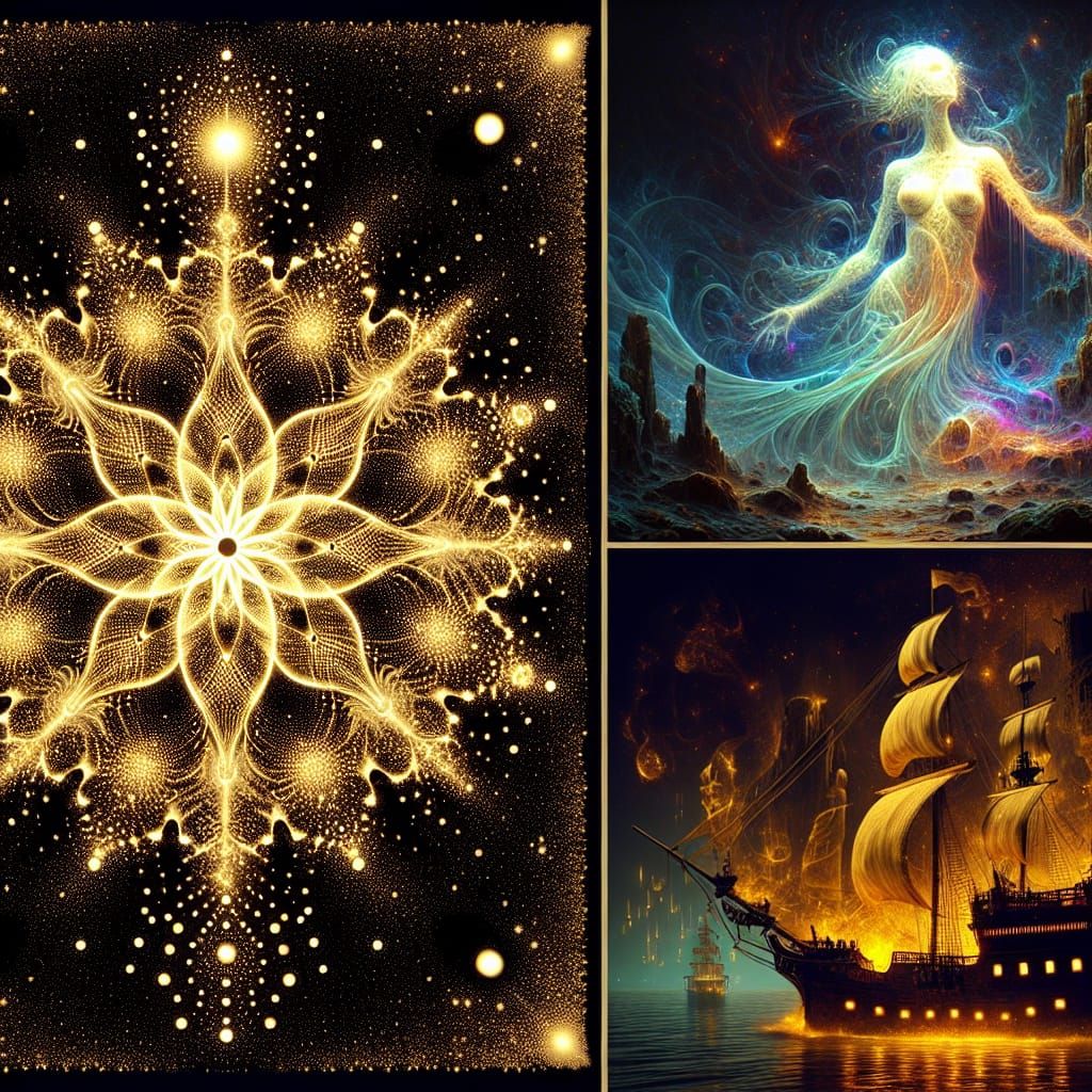 Golden Lotus Mandala with Bioluminescent Dancer and Flame Sh...