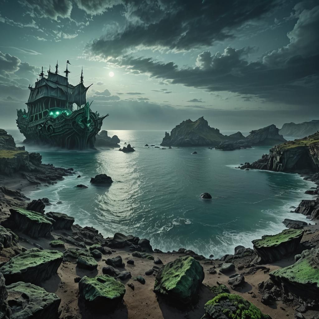 Mystical Ocean Cave with Pirate Ship in Giger Style
