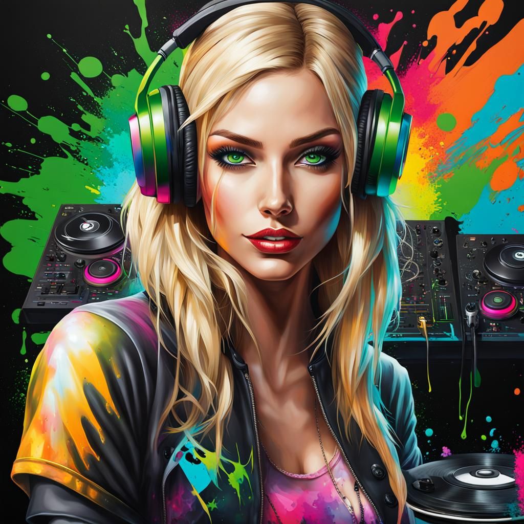 Blonde DJ Girl in Graffiti Splash Art Style