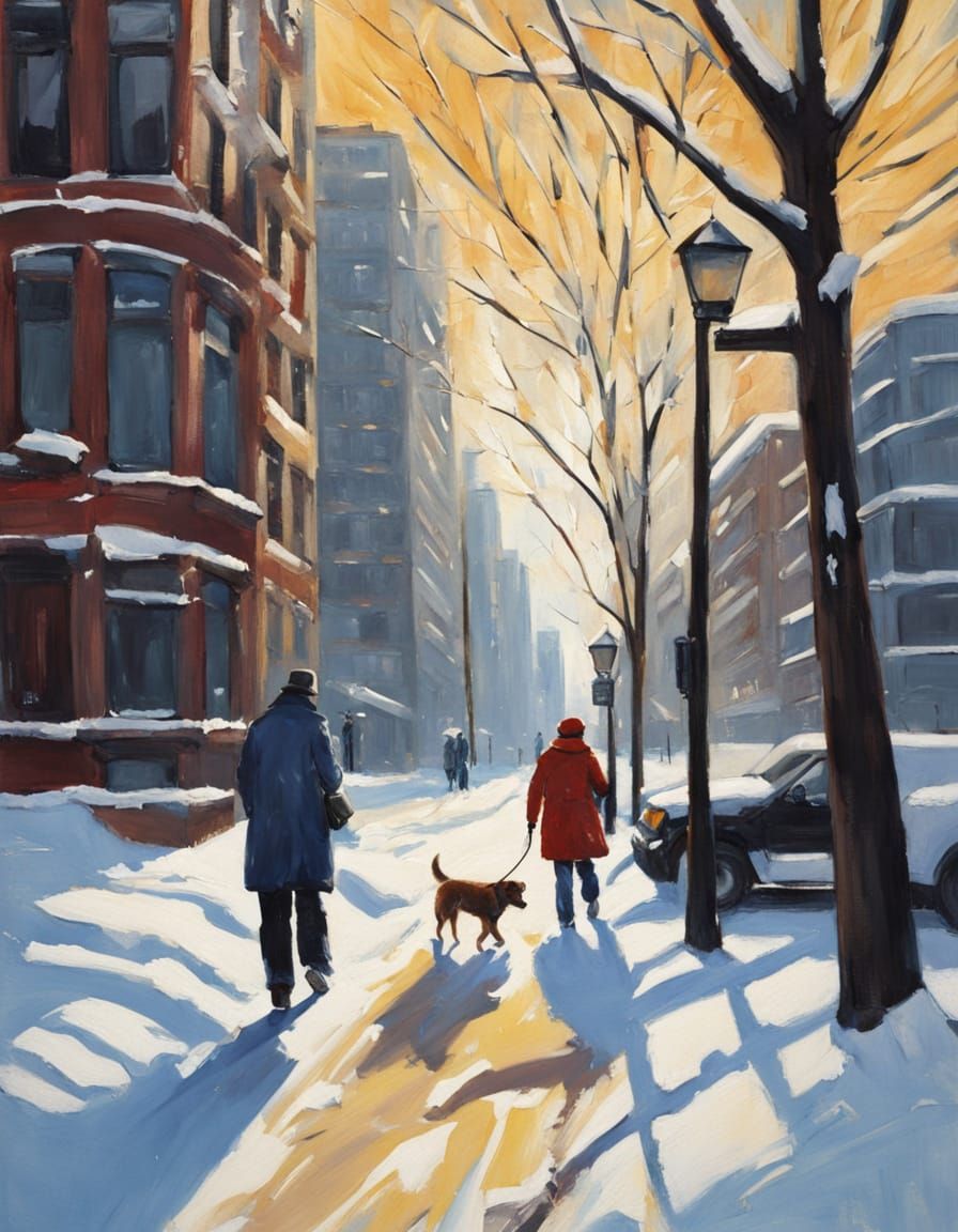 Vibrant Oil Painting of Joyful Winter Scene in Chicago