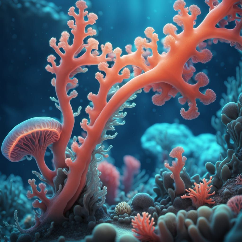 Surreal Alien Underwater Macro with Bioluminescent Coral