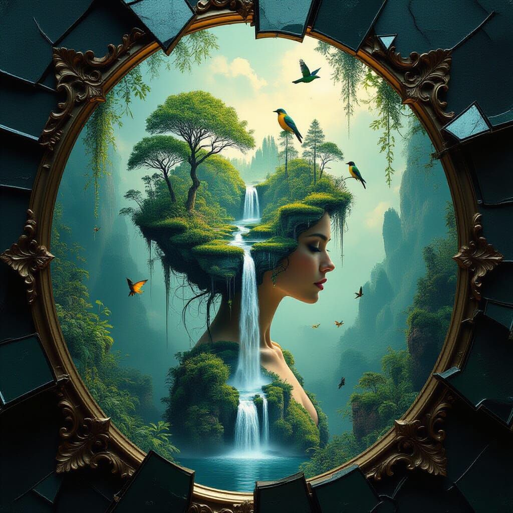 Rainforest Hair Surreal Collage in Dreamlike Style