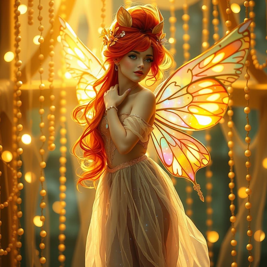 Radiant Fairy with Iridescent Wings in Golden Light