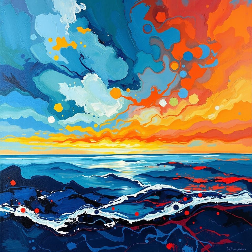 Abstract Waterscape in Impasto Style with Swirling Colors