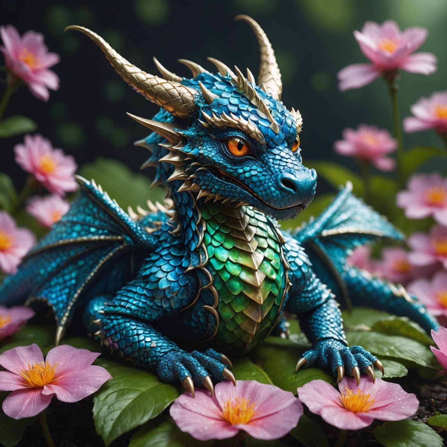 Fantasy Dragon on Dewy Petal, Macro Photography