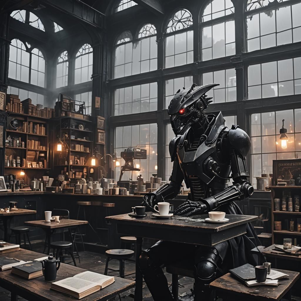 Gothic Coffee Shop with Robots and Lizards