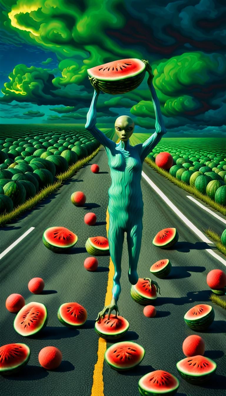Surrealist Dreamscape with Alien Watermelon Acrobat