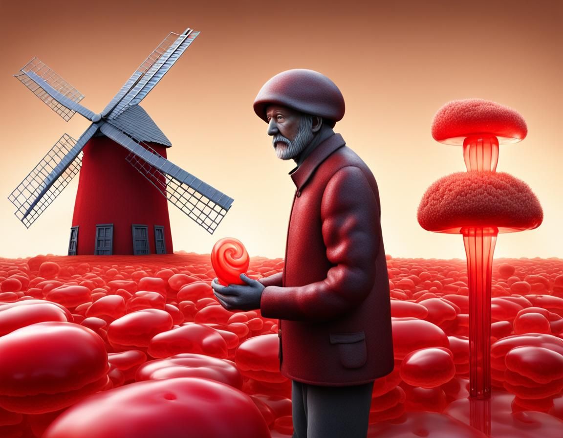 Hyperrealistic Jelly Creature Guards Sponge Cake Windmill