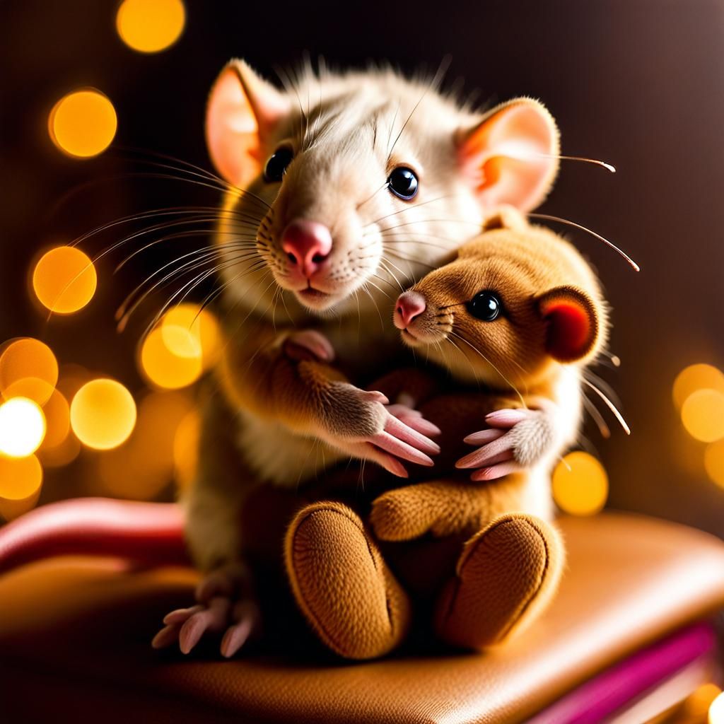 Rat Hugging a Teddy Bear in Golden Light