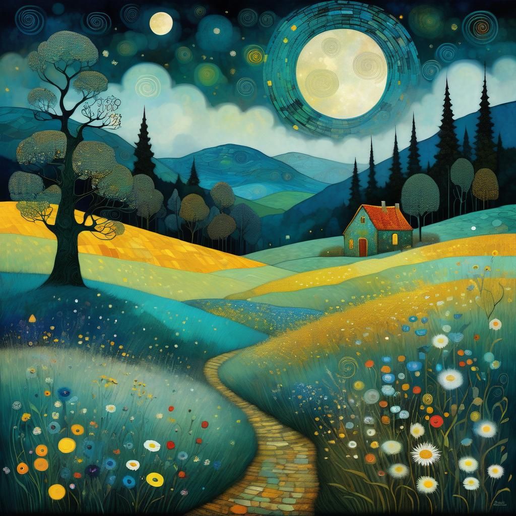 Mystical Moonlit Meadow in Dreamy, Ethereal Style
