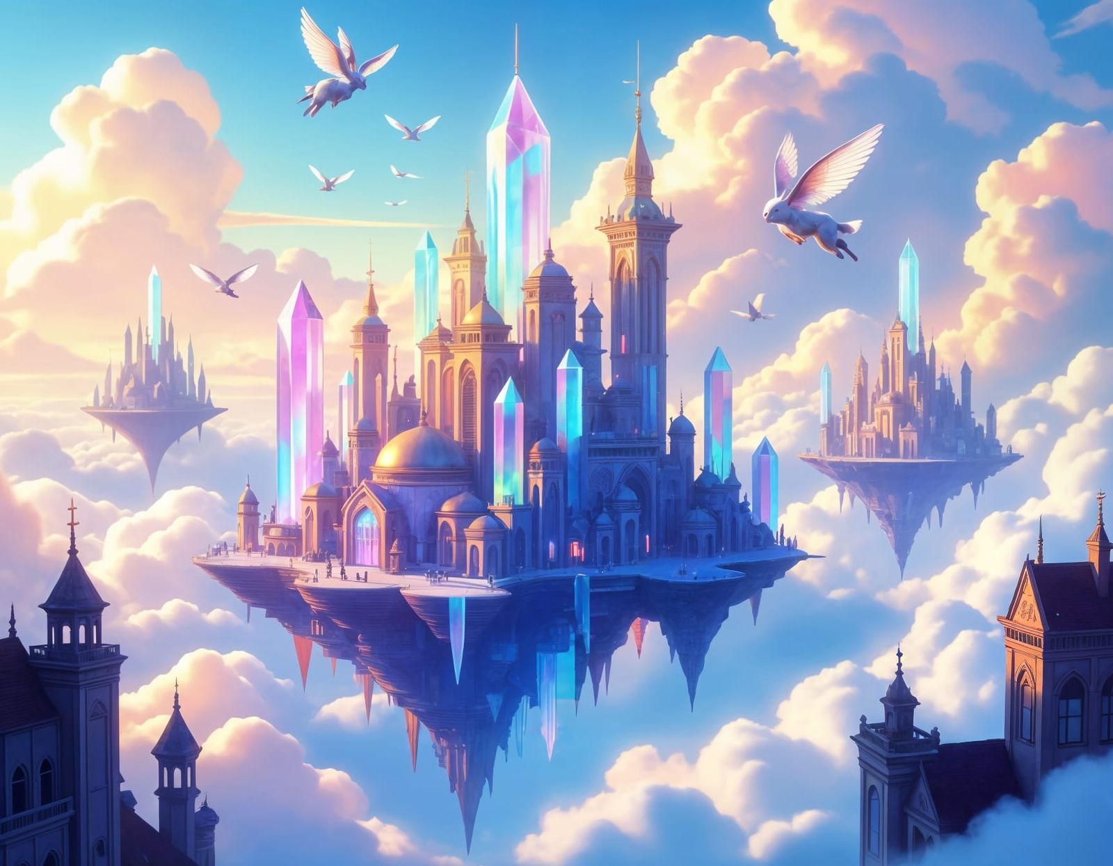 Arcanepunk Floating Cityscape with Crystal Spires