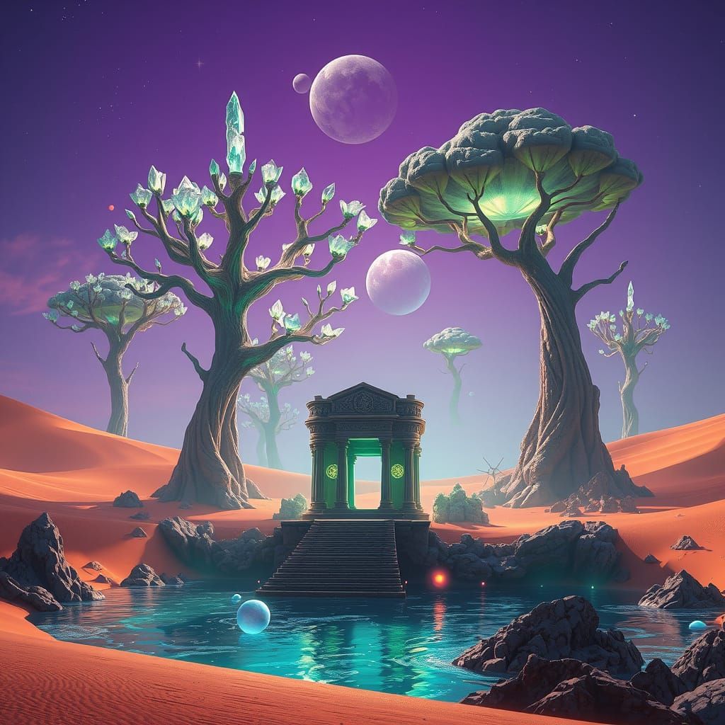 Surreal Desert Fusion: Crystal Trees and Floating Islands