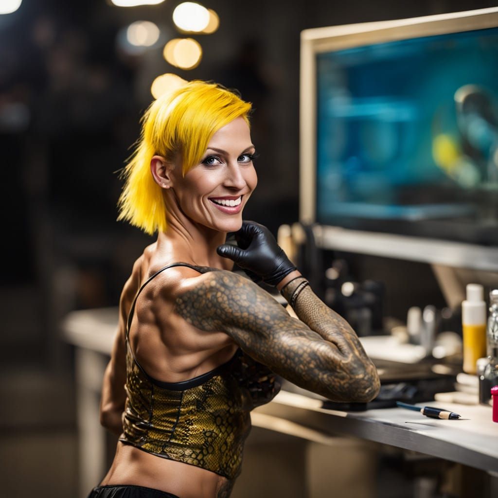 Sleek Female Body Builder with Tattoos and Bright Smile in S...