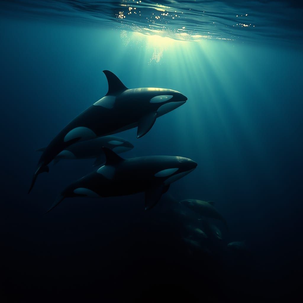 Sleek Orcas Hunt Seals in Cinematic Film Still