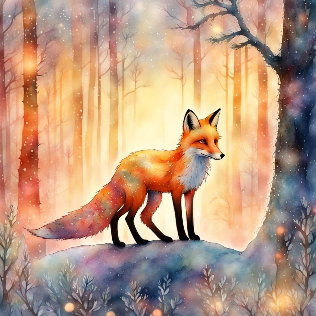 Christmas Fox Silhouette in Winter Forest, Watercolor Style