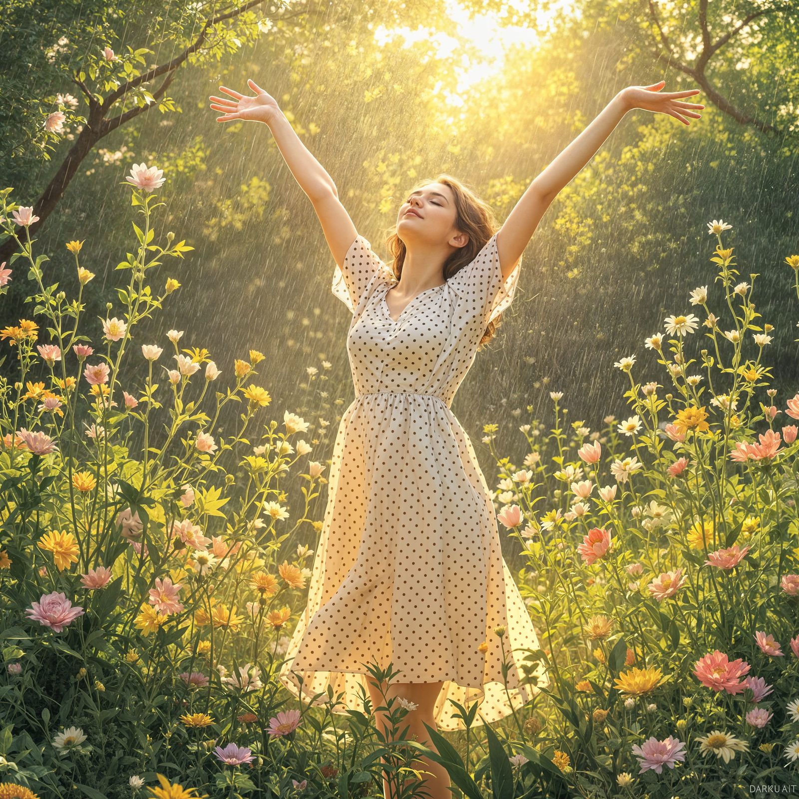 Ethereal Woman in Polka Dot Dress Amidst Sunny Rain Shower