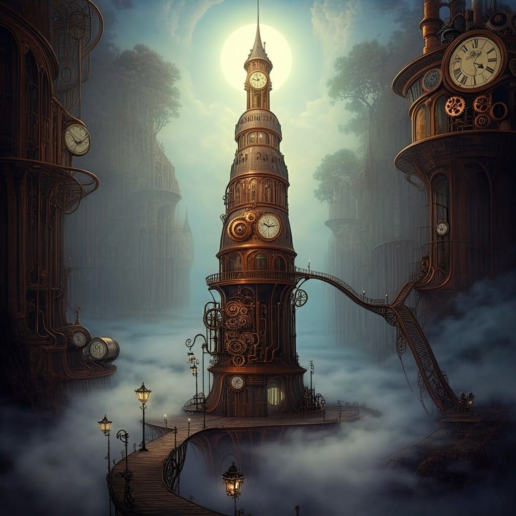 Steampunk Clock Tower in Mist, Surreal Art