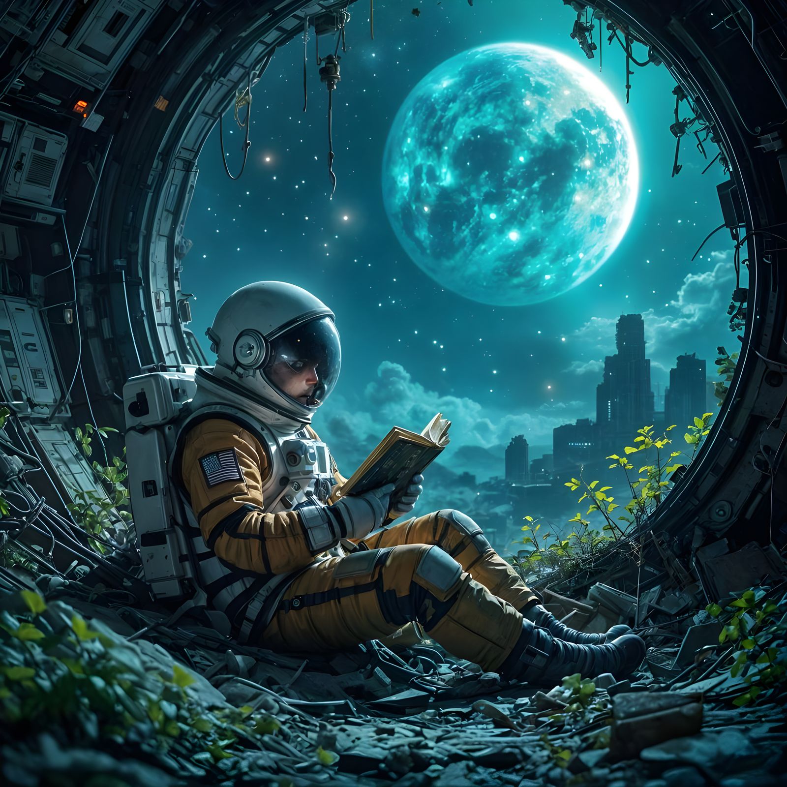 Astronaut Reading Book on Abandoned Space Station