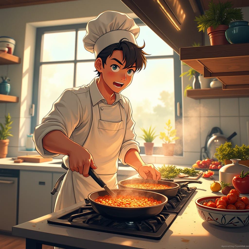 Young Chef in High-Energy Kitchen