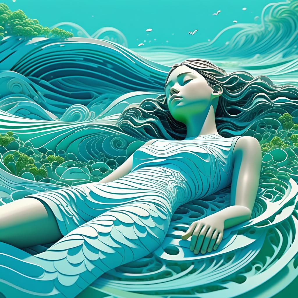 Dreamy Figure on Abstract Waves: Digital Illustration