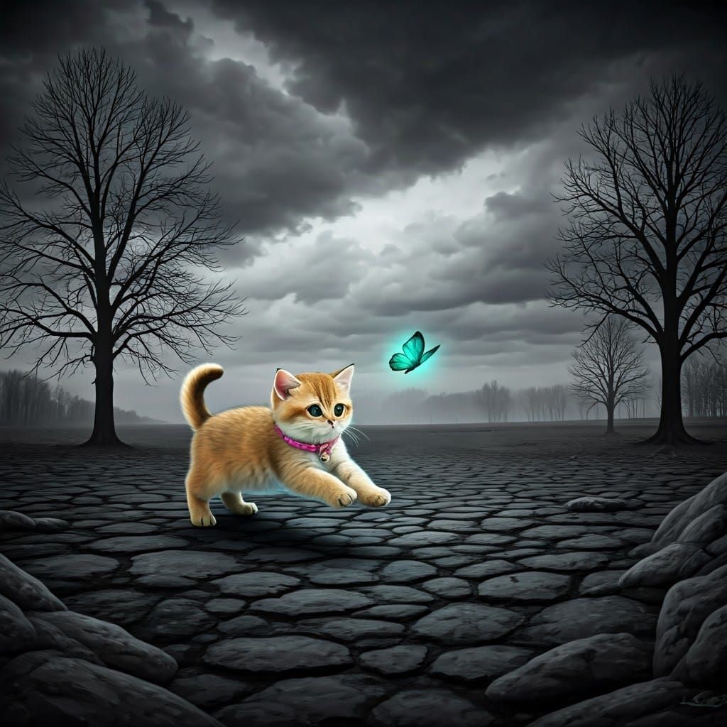 Golden Kitten Chasing Butterfly in Bleak Landscape
