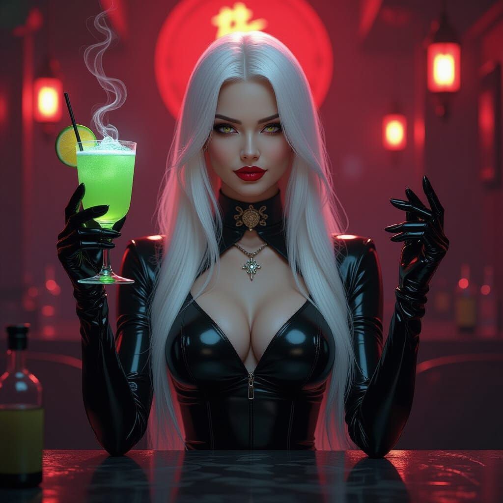 Goth Woman in Latex with Glowing Cocktail