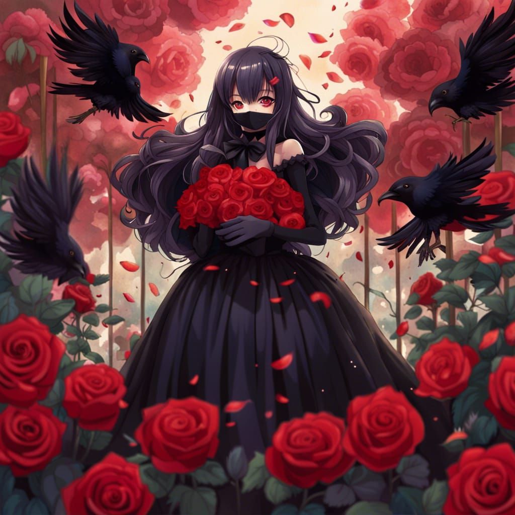 Woman in Raven Mask in Anime Style Rose Garden