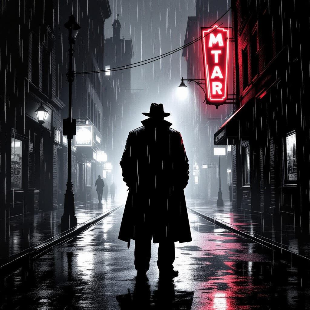 Film Noir Detective on Rainy Midnight Street