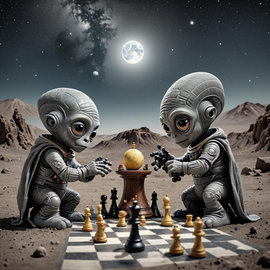 Hyperrealistic Grey Aliens Play Chess on the Moon