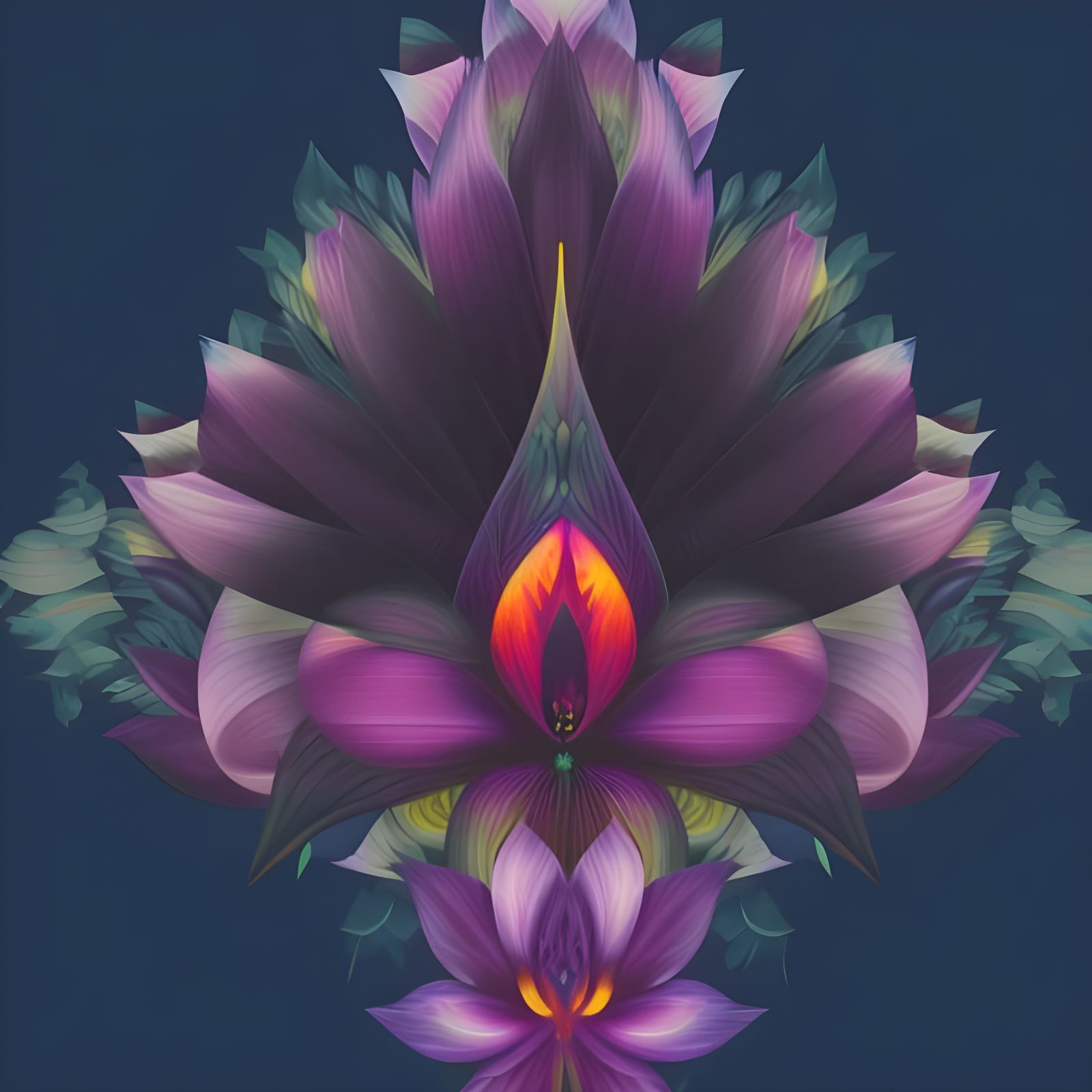 Symmetrical Flower in Mystical Landscape with Fiery Colors