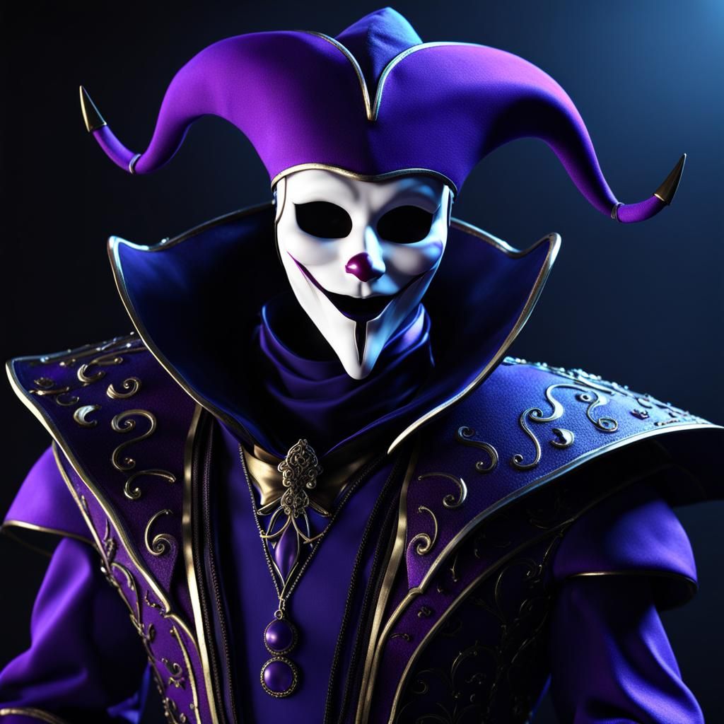 Sinister Porcelain Jester Doll in 3D Cinematic Style