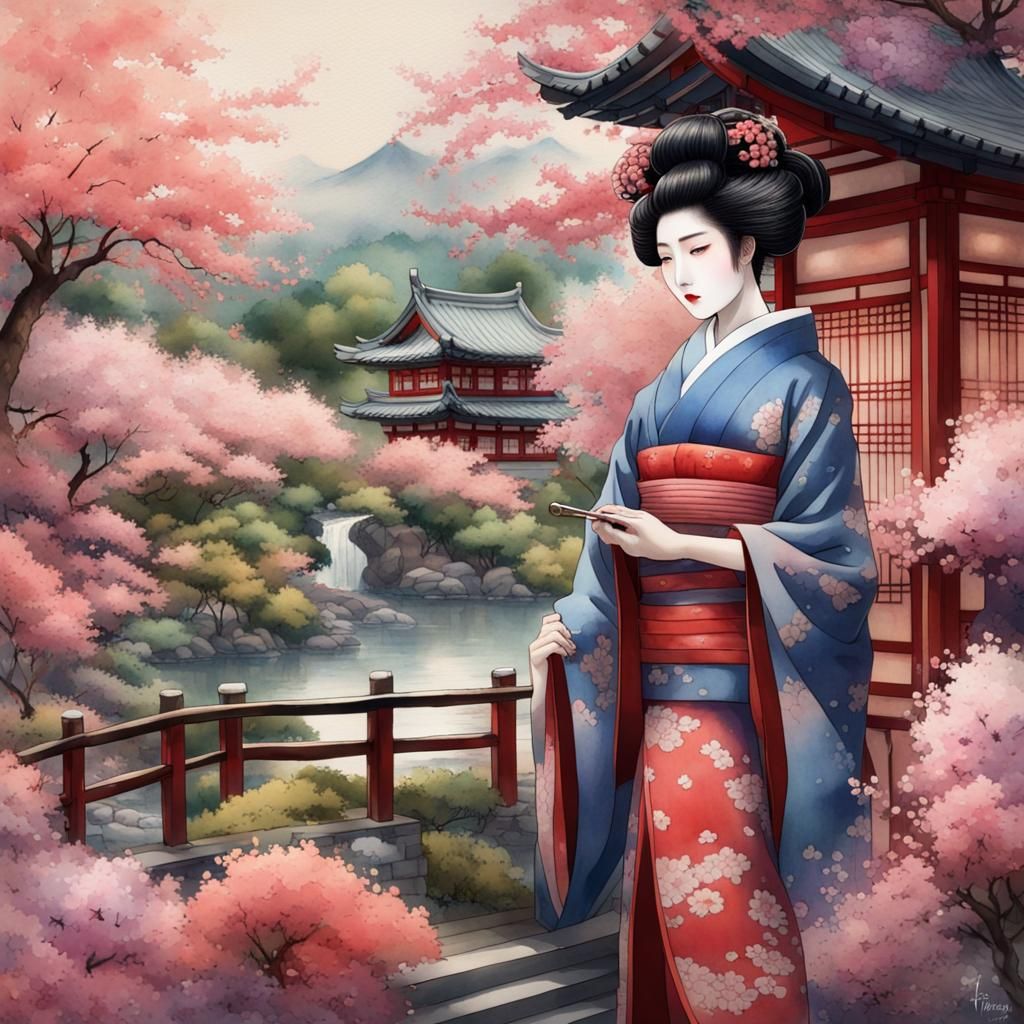 Geisha in Cherry Garden Watercolor on Notepad Page